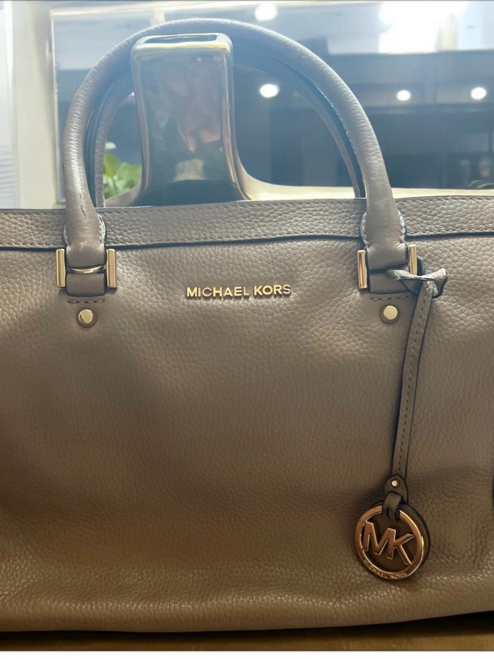 MICHAEL KORS Taupe Gray Leather Satchel with Gold Hardware